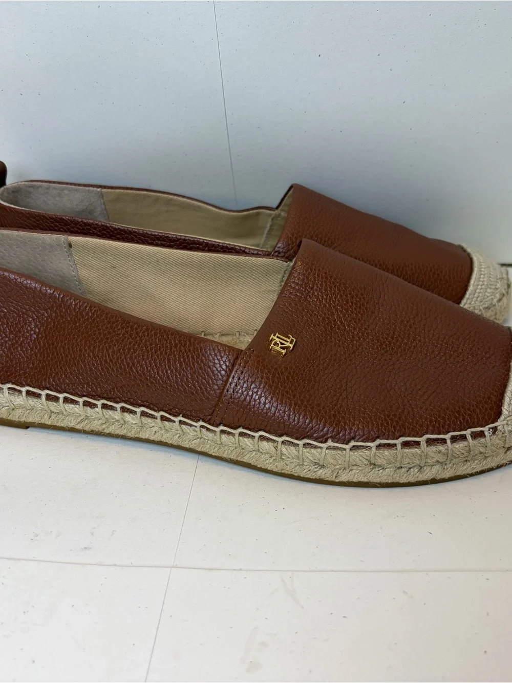 New Lauren Ralph Lauren Brown Pebbled Leather Espadrille Flats size 8